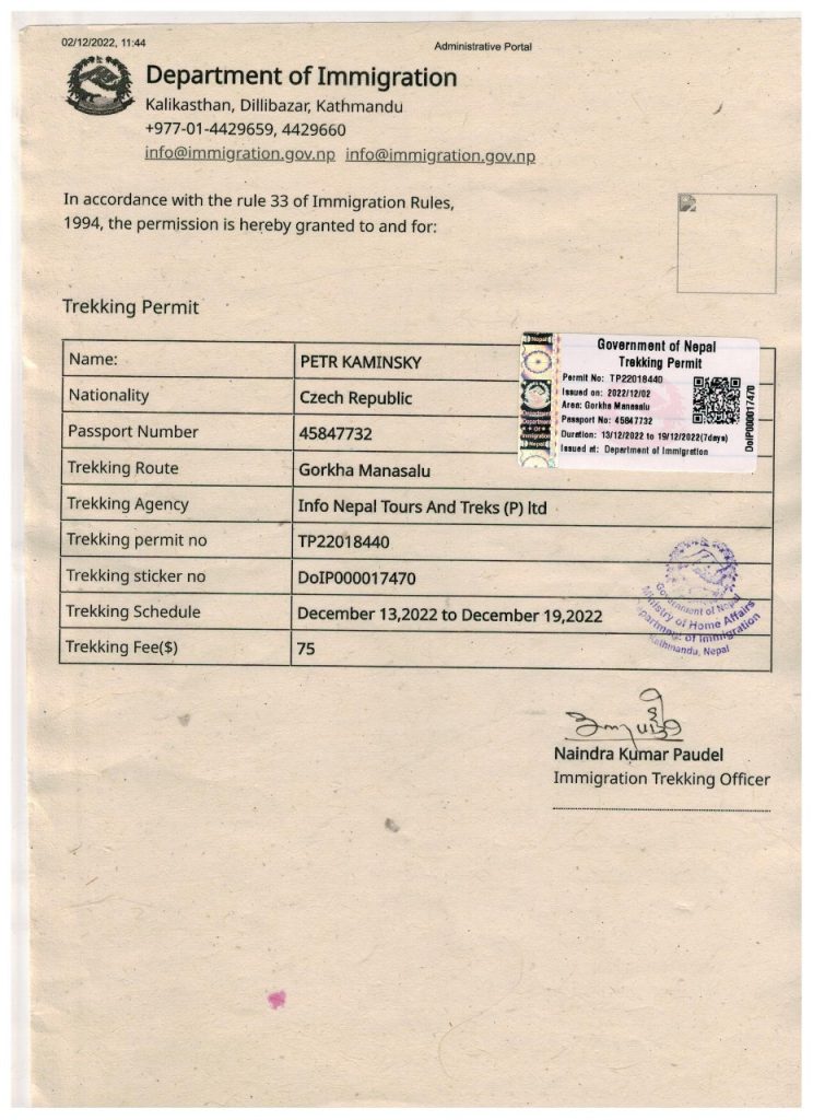 Restricted Area Permit of Manaslu Paper