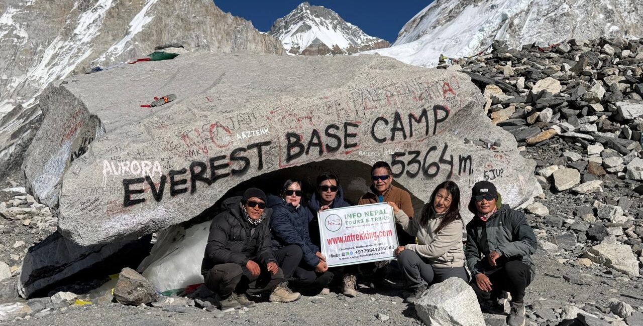 Group of trekker and expert guides with banner of Info Nepal Tours and Treks at Everest Base Camp