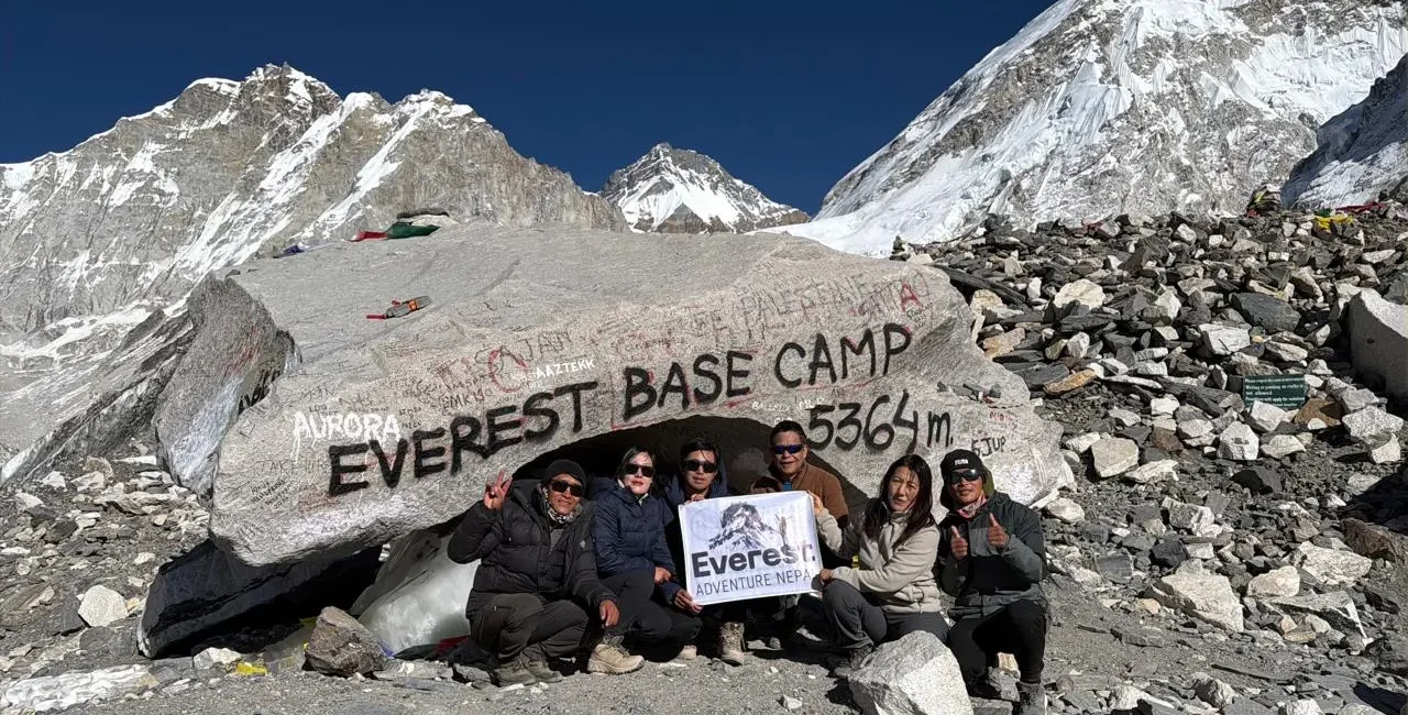 Trekkers & crew members on Everest Base Camp during Everest Base Camp Luxury trek