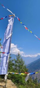 Buddhist prayer flags (darchor and Lungta) fluttering under a clear blue sky 