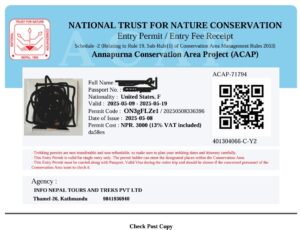 ACAP permit sample for Upper Mustang jeep tour