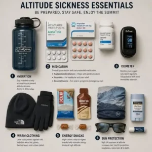 Altitude sickness essentials kit with hydration bottle, medications, oximeter, warm clothing, energy snacks, and sun protection items for high-altitude trekking.